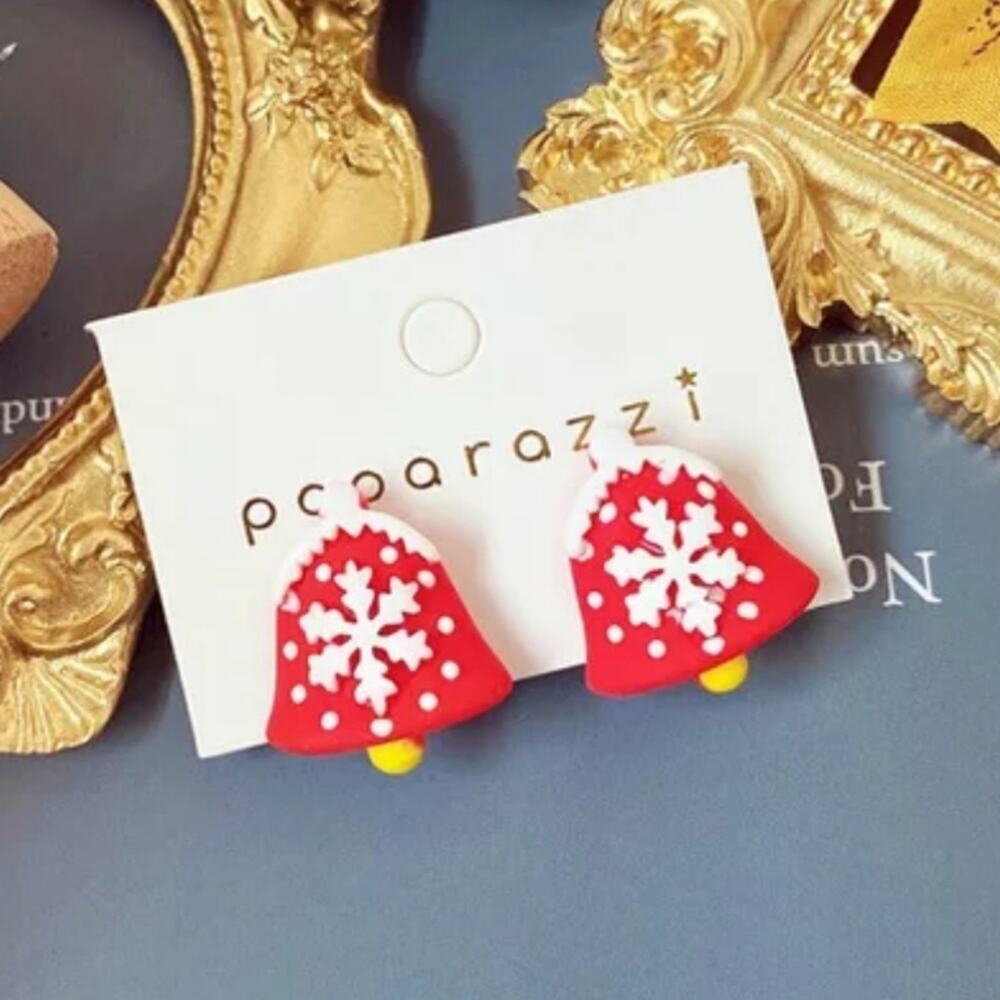 Christmas season festive holiday bell  earrings, red with white snowflakes